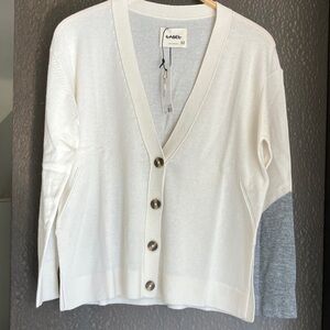 LABEL Go-To-Cardi White w/Single Grey Sleeve V-Neck Wool Cardigan Women’s Medium